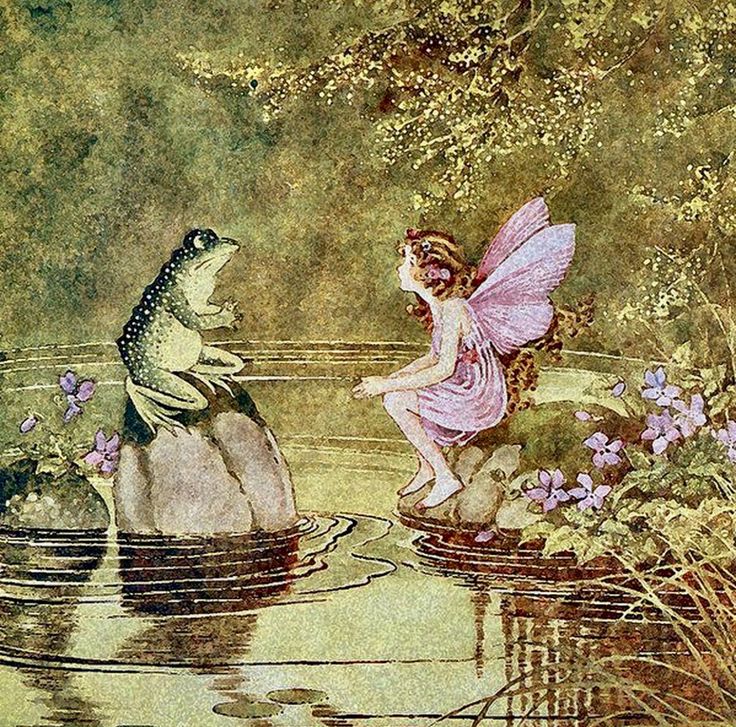 Fairy with pink wings meeting a frog on a lily pad in a dreamy pond scene