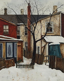 Painting of houses in winter with snow, bare tree, and wooden fence in backyard setting