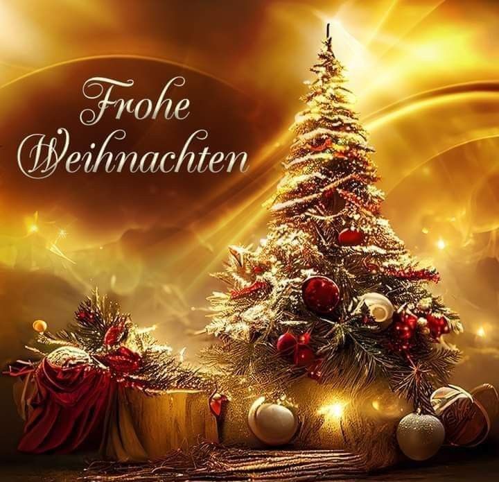 Golden Christmas tree decorated with red ornaments, pinecones, and presents on a glowing amber background