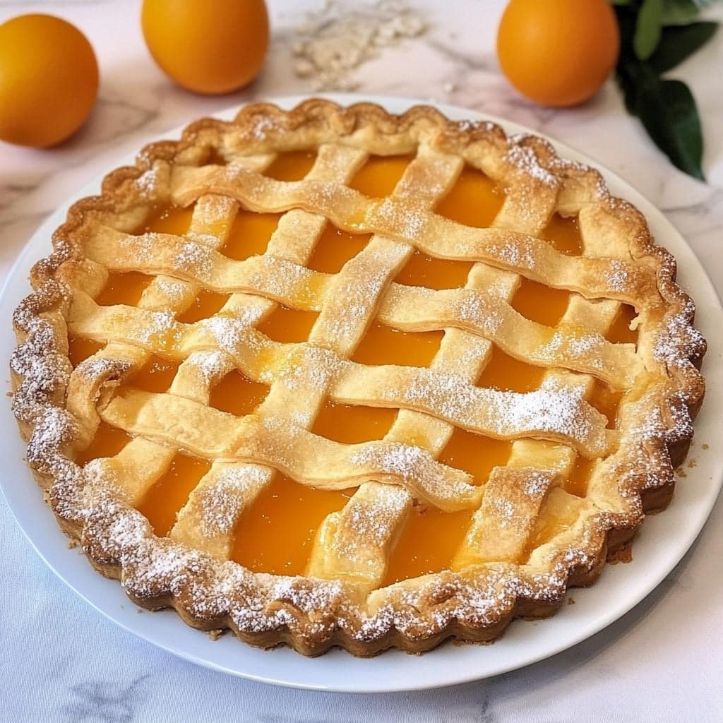 Apricot pie with lattice crust and powdered sugar on white plate