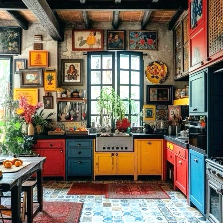 Eclectic kitchen with red, yellow, and blue cabinets, artwork-covered walls, large window, and colorful decorative floor tiles
