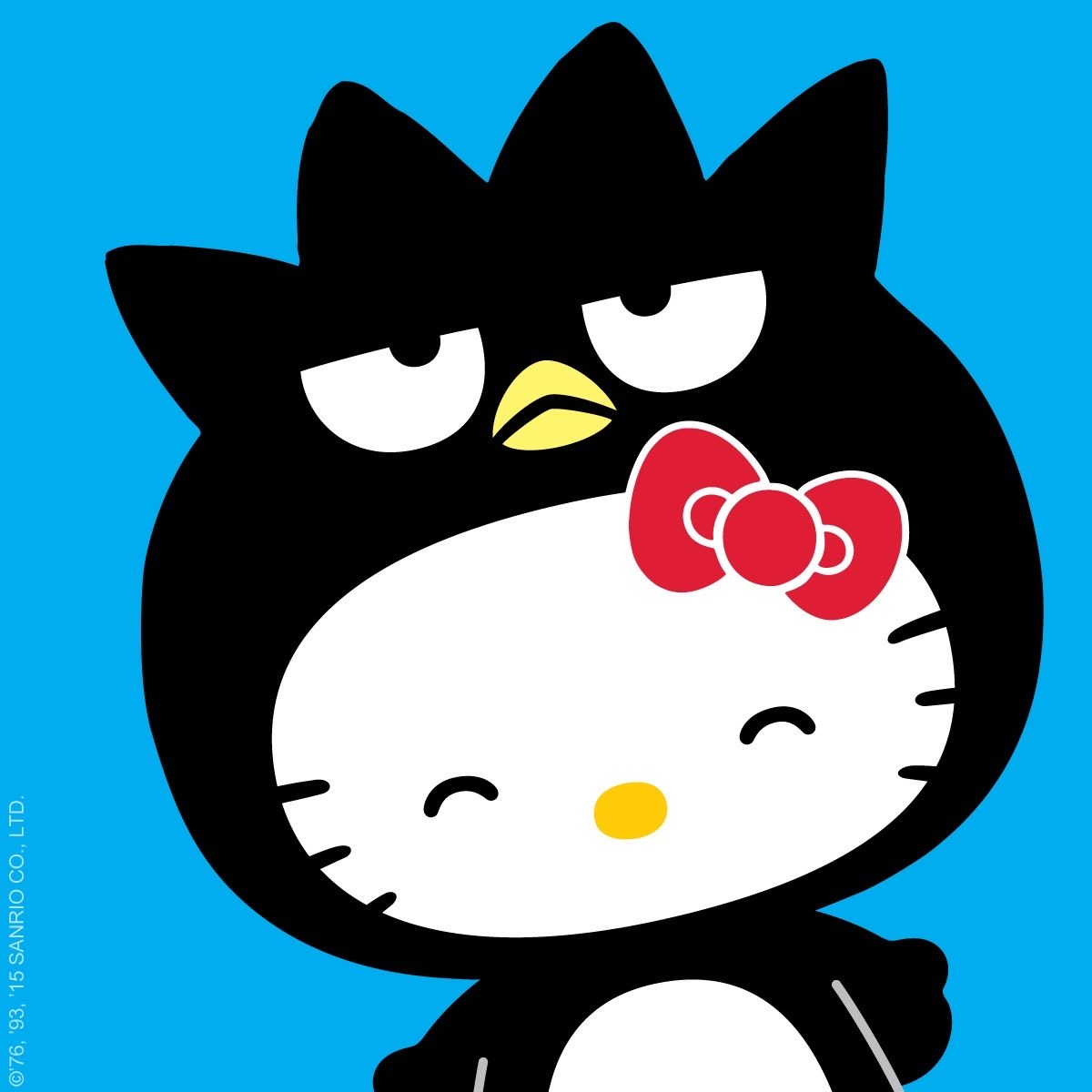Hello Kitty in black Badtz-Maru penguin costume with red bow on blue background