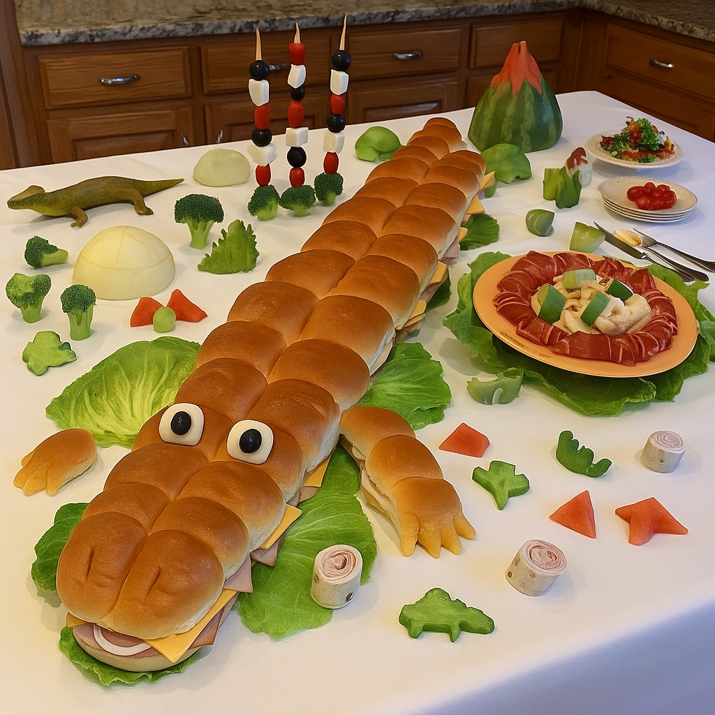 Crocodile-shaped food platter made of bread and vegetables on a table