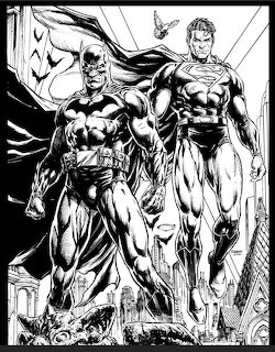 Black and white ink drawing of Batman and Superman standing together heroically above a city