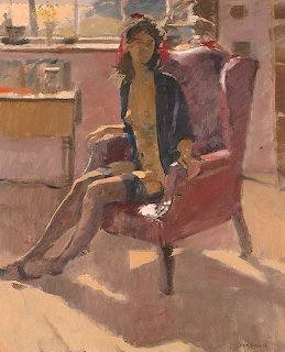 Impressionist painting of woman in blue jacket seated in purple chair in studio