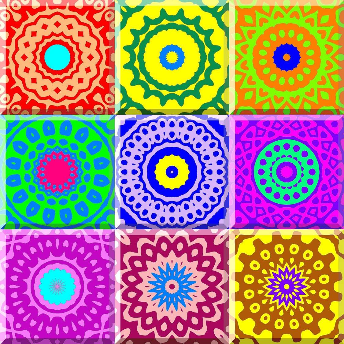 Nine colorful mandala patterns arranged in a grid, each with unique geometric designs and vibrant color combinations
