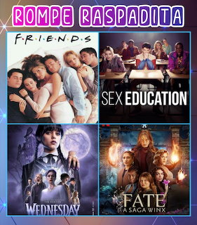 Four-panel collage showing promotional posters for Friends, Sex Education, Wednesday, and Fate: The Winx Saga TV shows