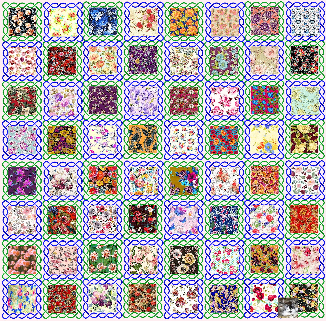 Colorful quilt pattern with 64 floral and geometric squares in grid layout with scalloped borders