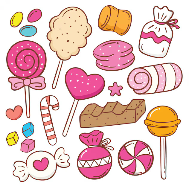 Colorful cartoon candies and sweets on a white background