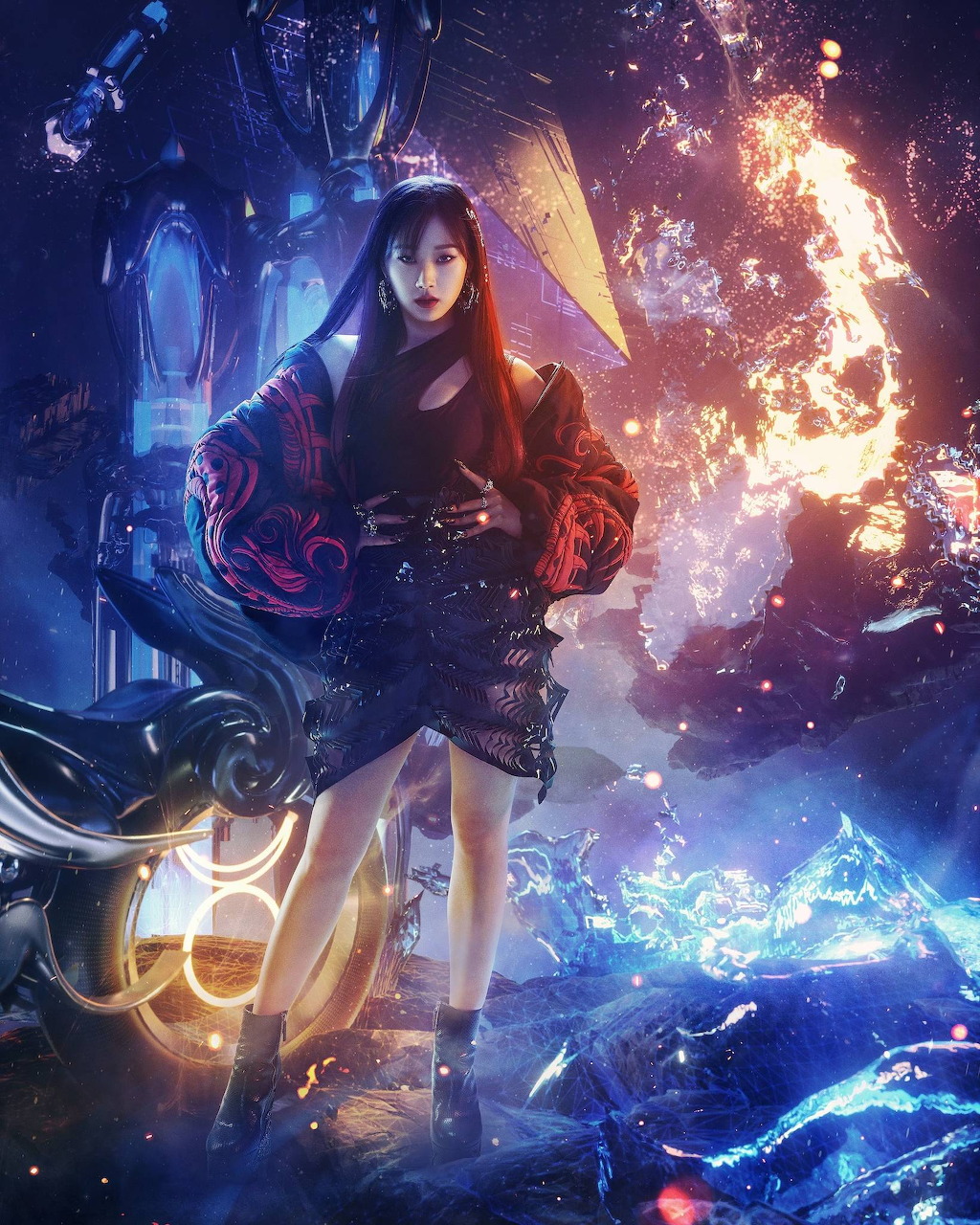 Aespa member Giselle in a stylish K-pop concept portrait