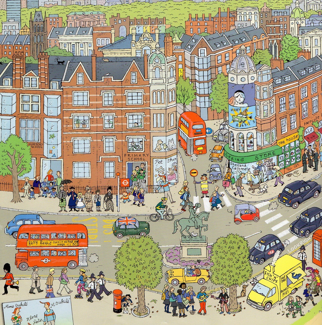 Illustrated busy London street with red buses, black cabs, brick buildings and many pedestrians