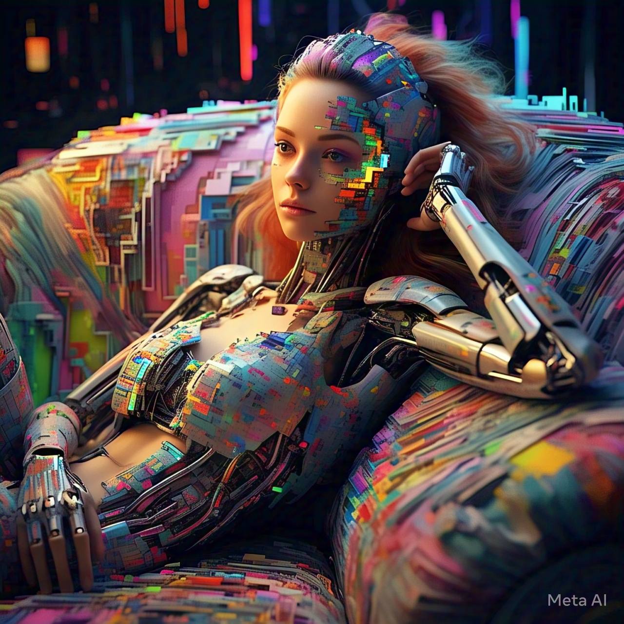 Cyborg woman reclining on a colorful sofa in a neon-lit futuristic interior