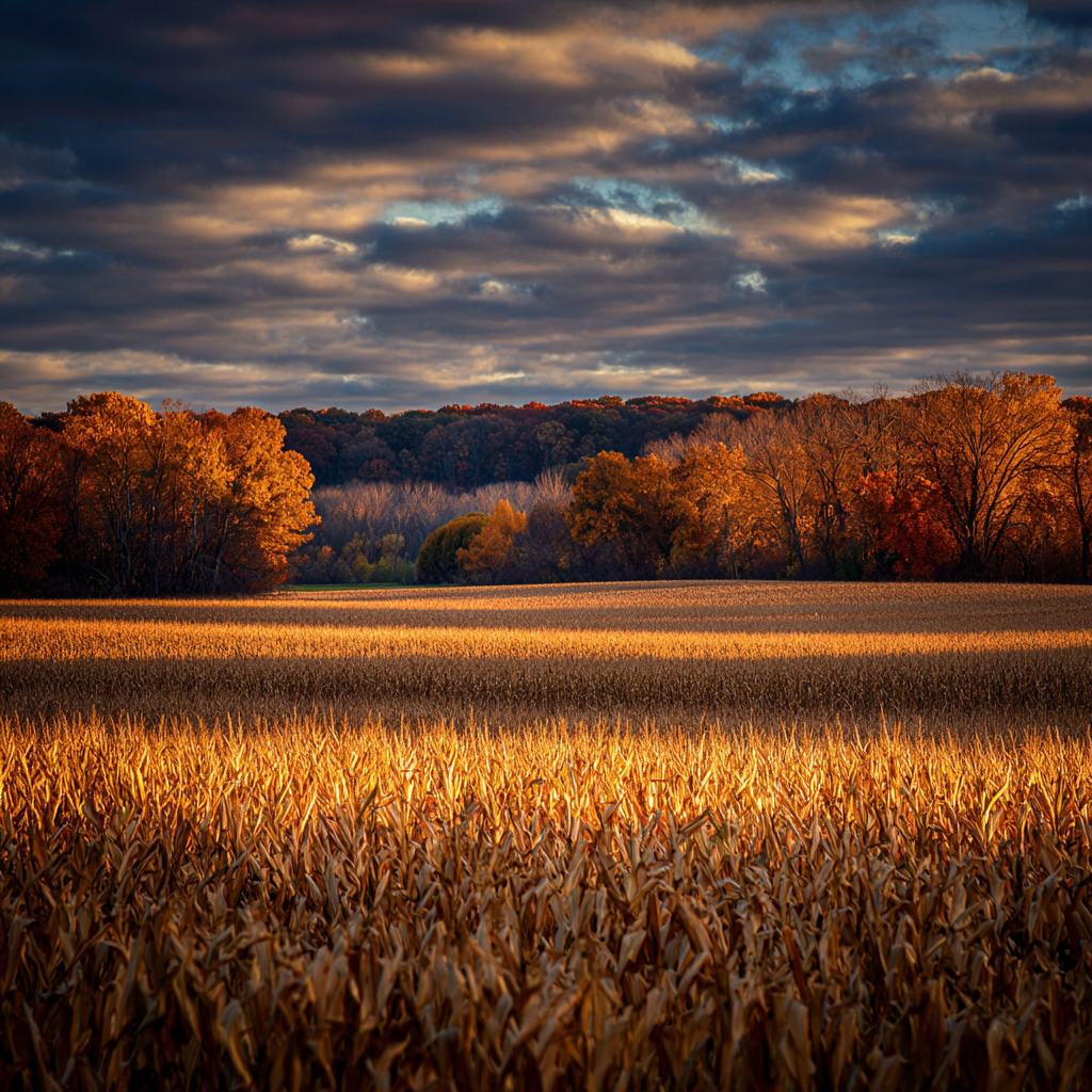 Golden harvested field with autumn trees and a dramatic cloudy sky