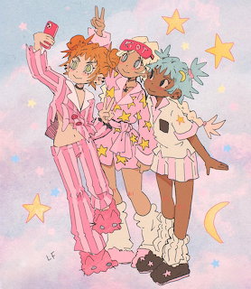Three anime girls in pink and white outfits posing on a pastel background with stars and a moon.