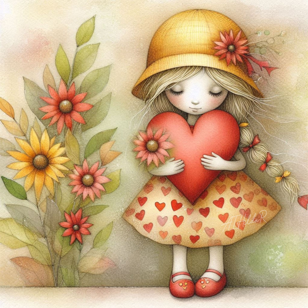 Illustration of a little girl in a yellow hat holding a red heart beside flowers