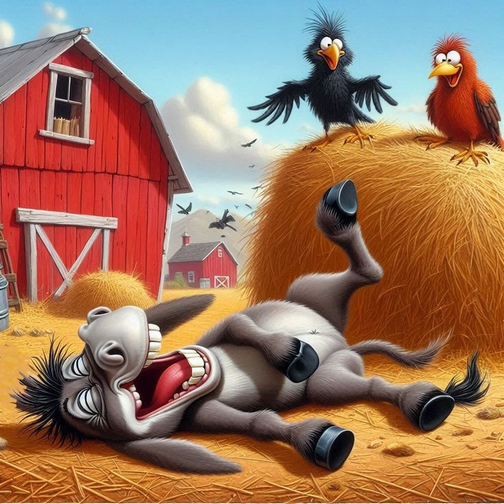 Cartoon donkey laughing on straw near a hay bale with two birds and a red barn