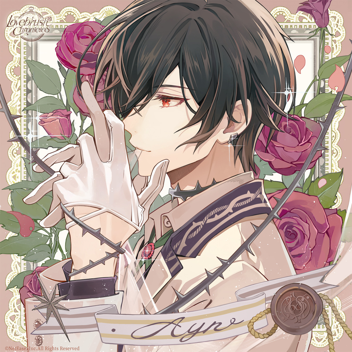 Anime character with dark hair and red eyes framed by roses and decorative border