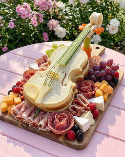 Charcuterie board arranged in the shape of a violin with meats, cheeses, grapes, and beries on a pink table