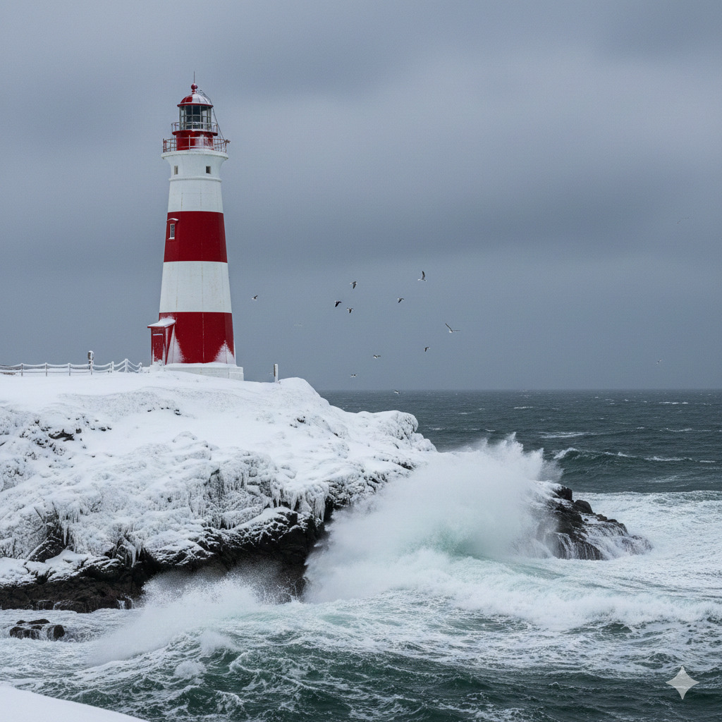 Red and white lighthouse above a snowy coast with crashing waves and gray sky