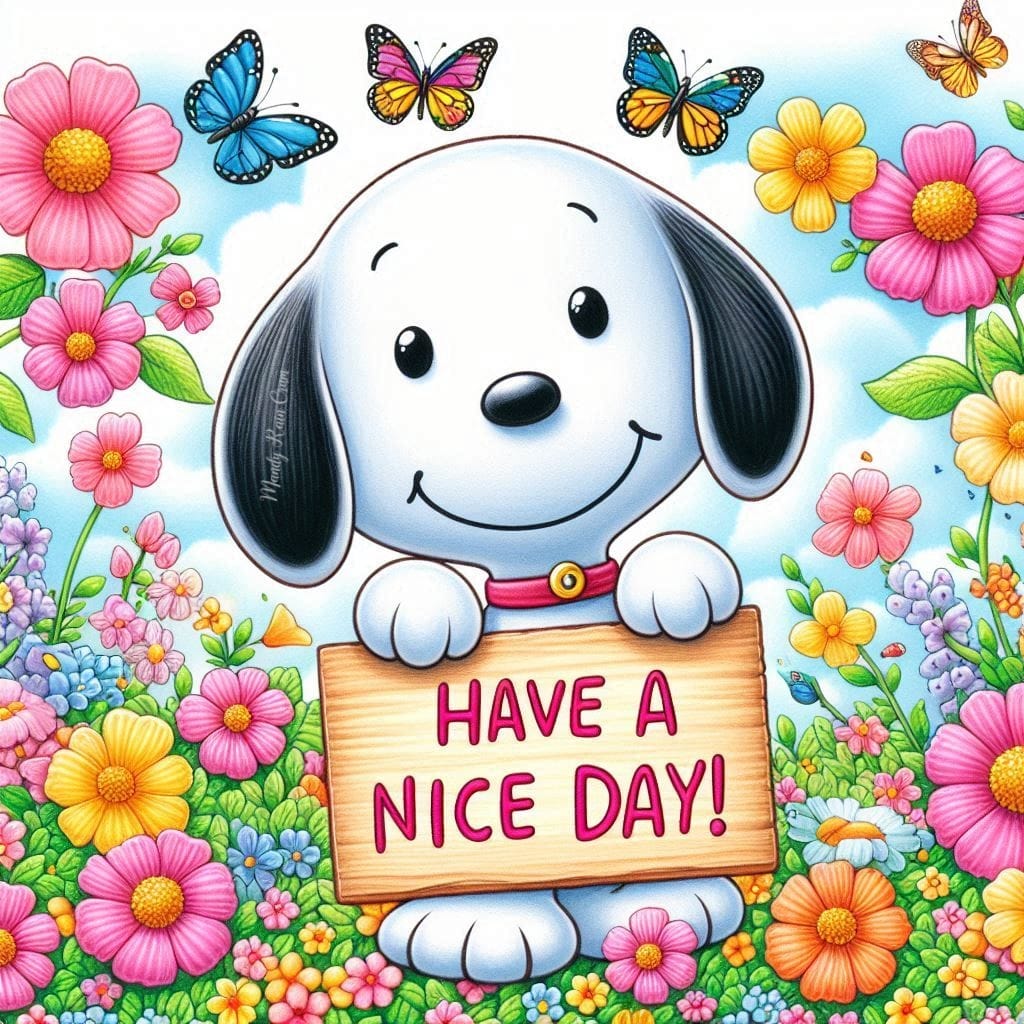 Smiling cartoon dog with flowers and butterflies holding 'Have a Nice Day' sign