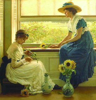 Two women in period dresses arranging sunflowers near a bright window in a vintage painting