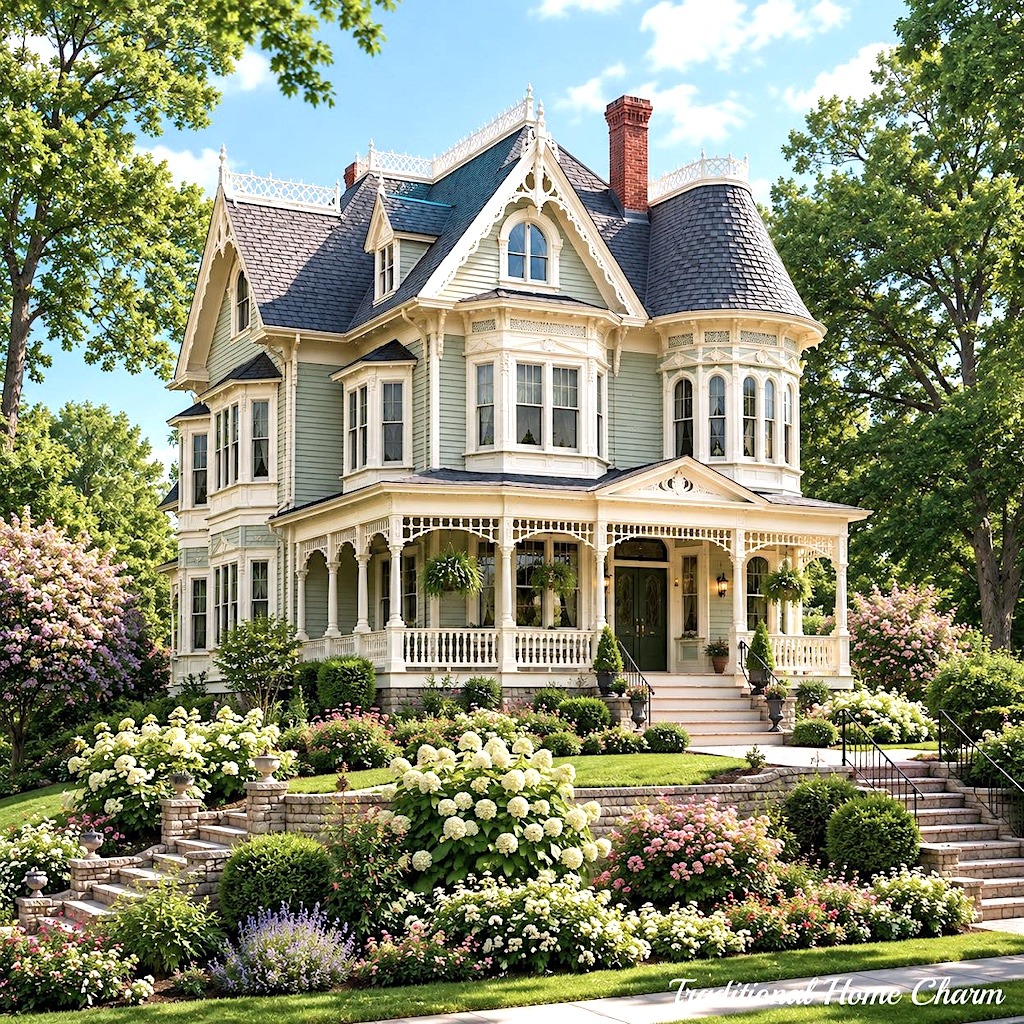 Victorian house with yellow siding, white trim, wraparound porch, and colorful garden beds in front yard