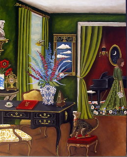 Richly decorated interior with green drapes, antique furniture, flowers, cat on red chair, and various ornamental items
