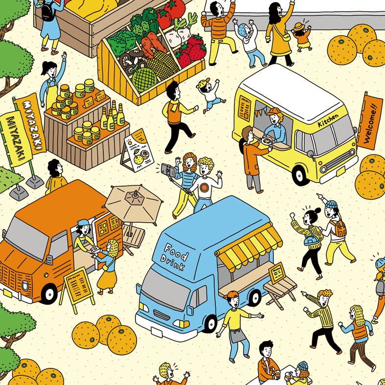 Cartoon outdoor market with food trucks, fruit stands, and people walking and dancing