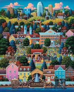 Colorful folk art illustration of Old Salem village with colonial buildings, churches, and city skyline