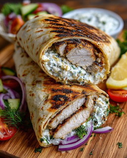 Two grilled chicken wraps with herb filling on wooden board surrounded by vegetables