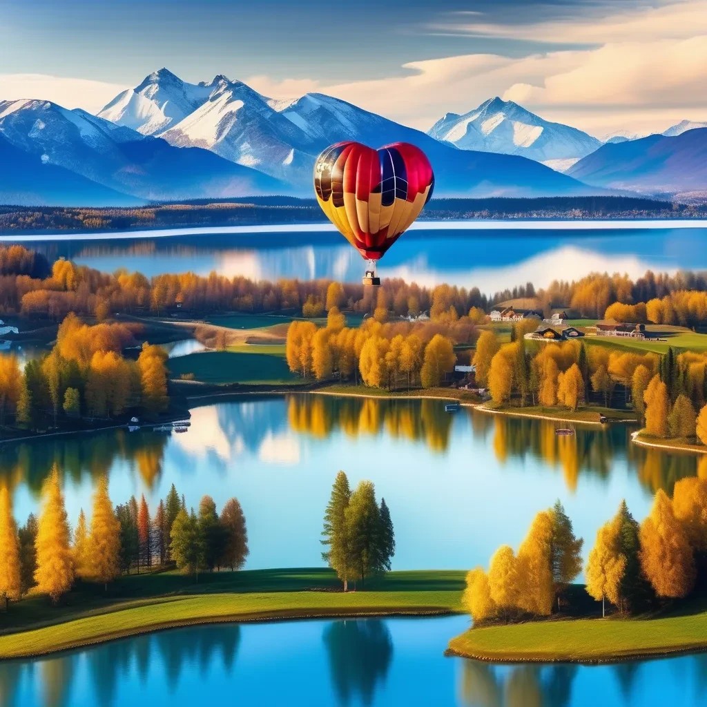Heart-shaped hot air balloon over scenic lake with autumn trees, mountains, and reflections