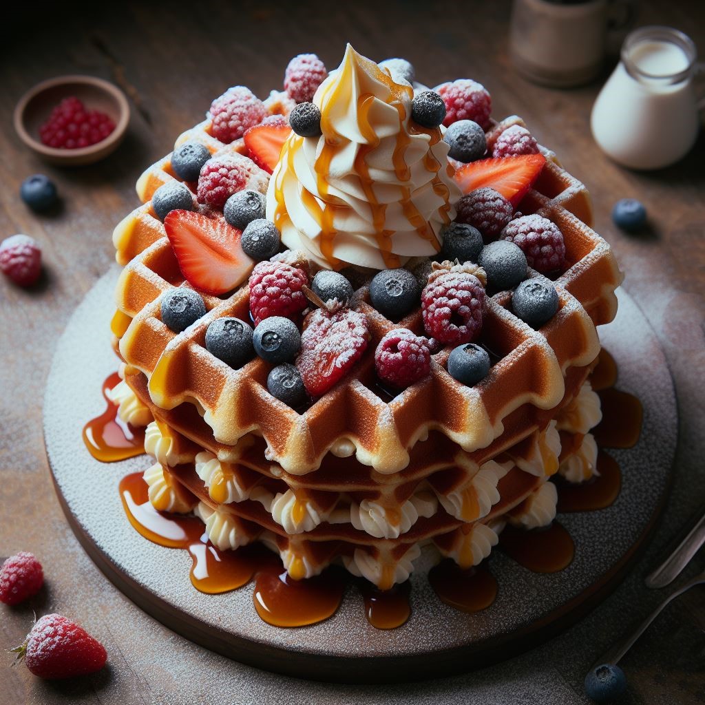Stacked waffles topped with strawberries, raspberries, blueberries, whipped cream and caramel sauce