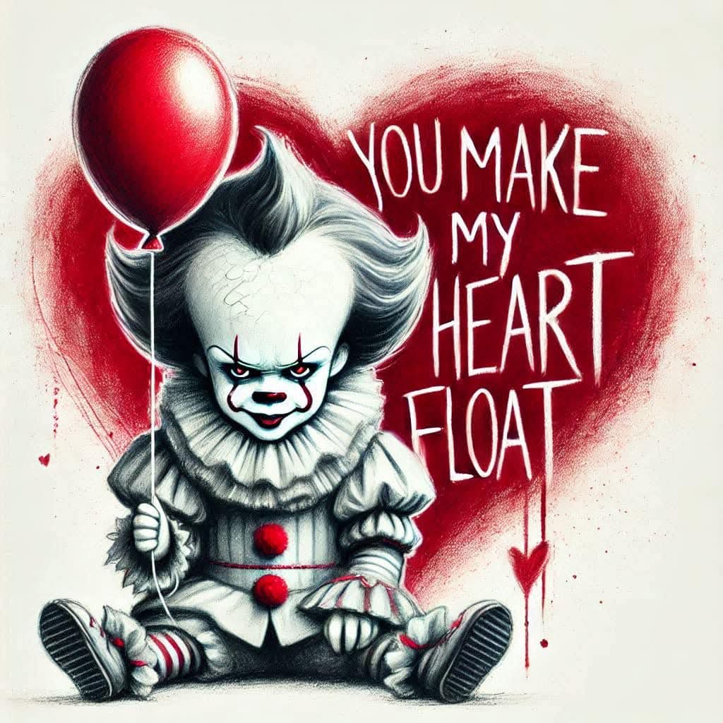 Illustration of Pennywise seated with a red balloon and heart-shaped background with romantic text