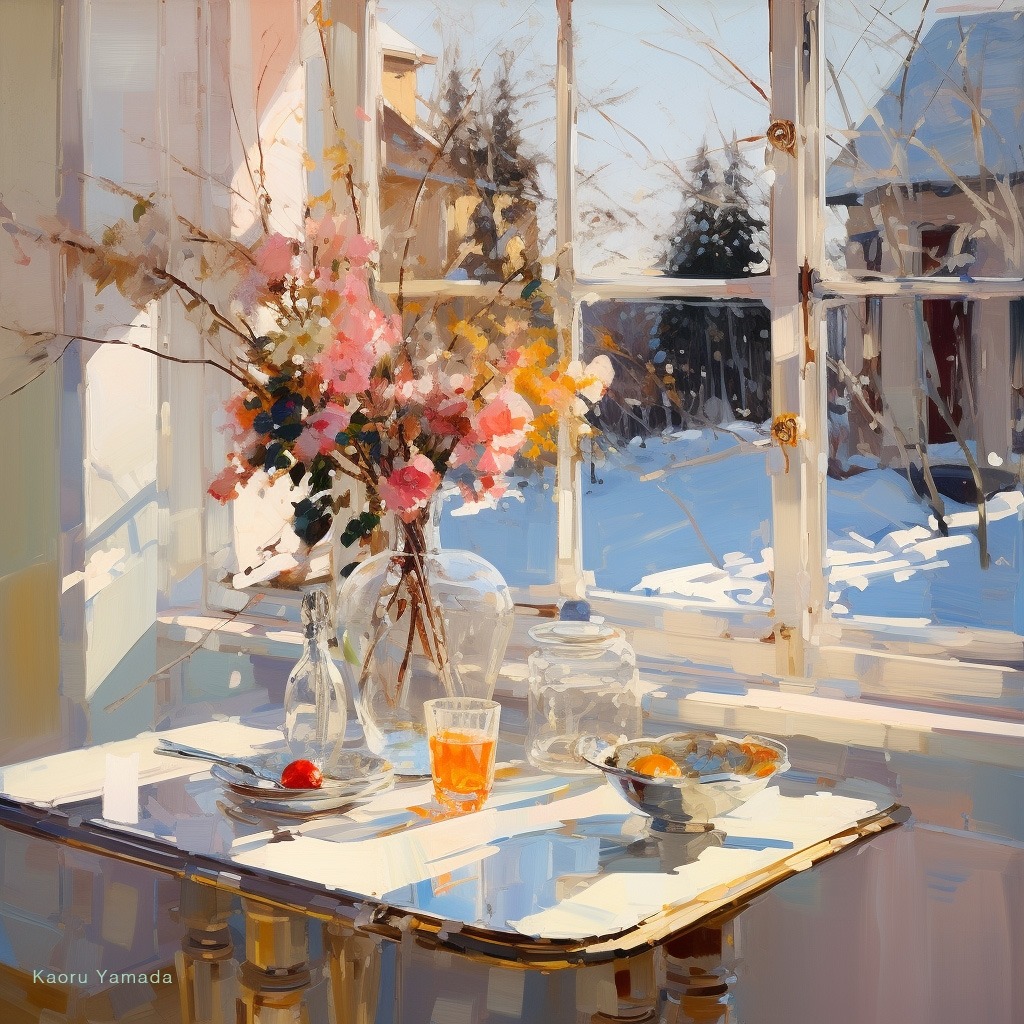 Painting of a sunny table with flowers, tea, and fruit beside an open window overlooking snow