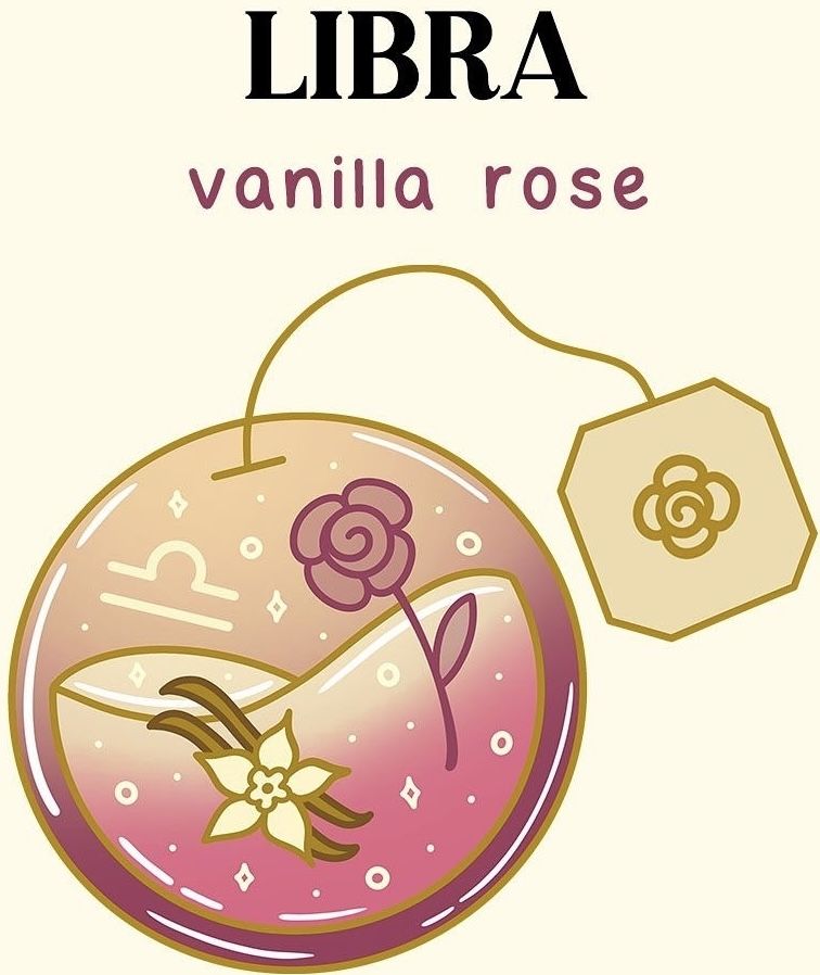 Libra vanilla rose illustration of a pink round drink with flower details and a tea bag tag