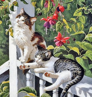 Two cats resting on a white porch railing among leafy plants and red flowers