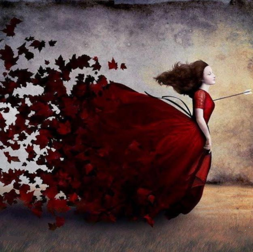 Surreal painting of a woman in a red dress dissolving into butterflies