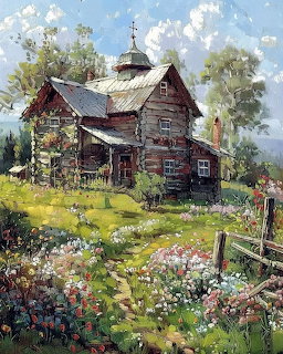 Rustic wooden church with cupola in wildflower meadow surrounded by trees