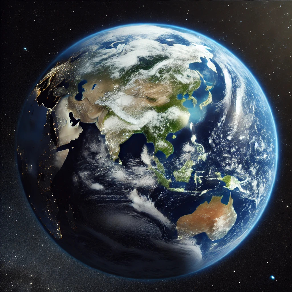 Planet Earth viewed from space showing continents, oceans, clouds and stars