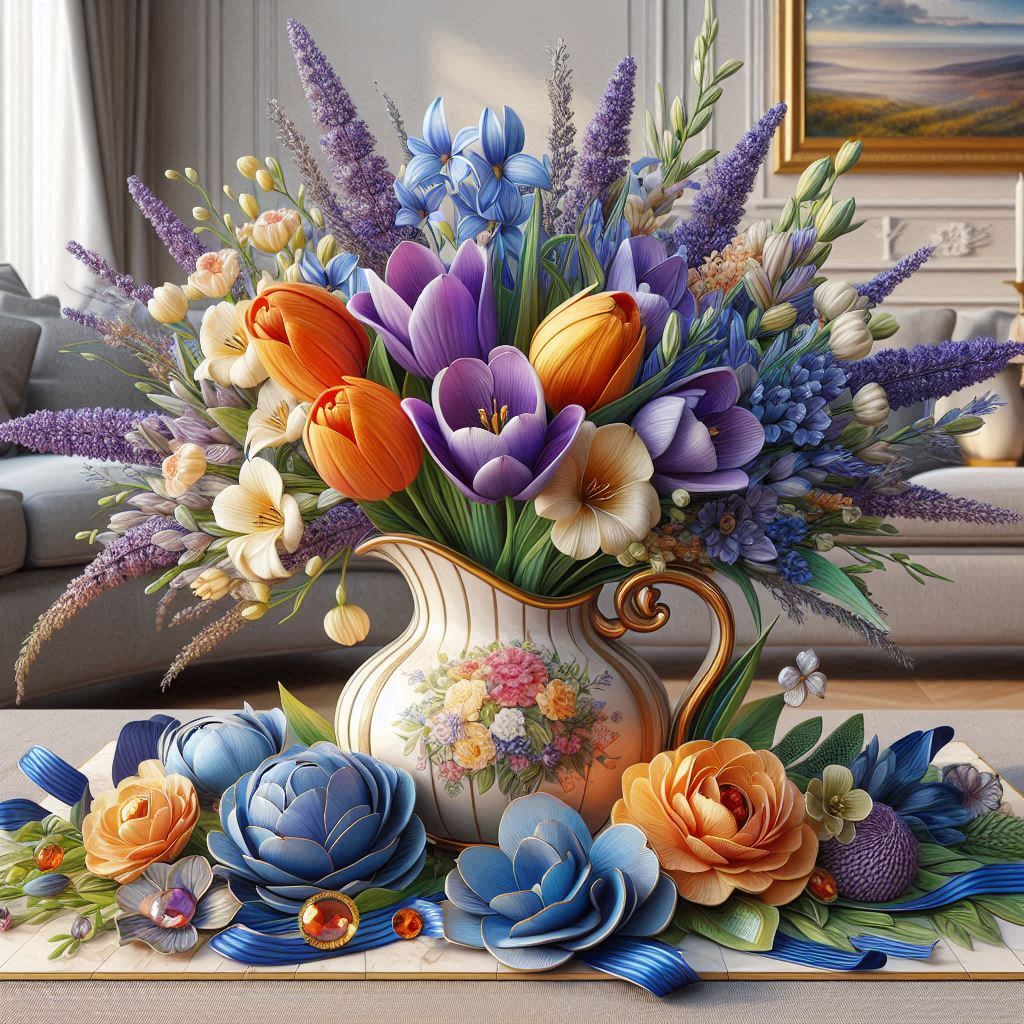 Vibrant spring bouquet with tulips, lavender and blue flowers in ornate vase on elegant table