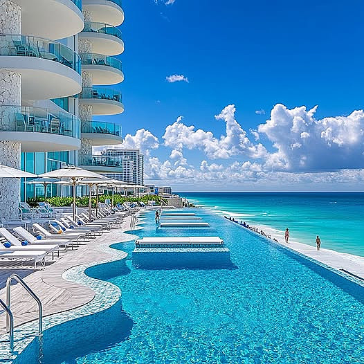 Modern beachfront resort with turquoise pool, white loungers, ocean, and blue sky with clouds