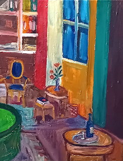 Colorful painting of a cozy interior room with furniture, window, and bookshelves in vibrant impressionistic style