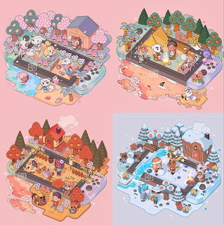 Four Animal Crossing house interiors shown in spring, summer, fall, and winter seasons with cartoon animal villagers