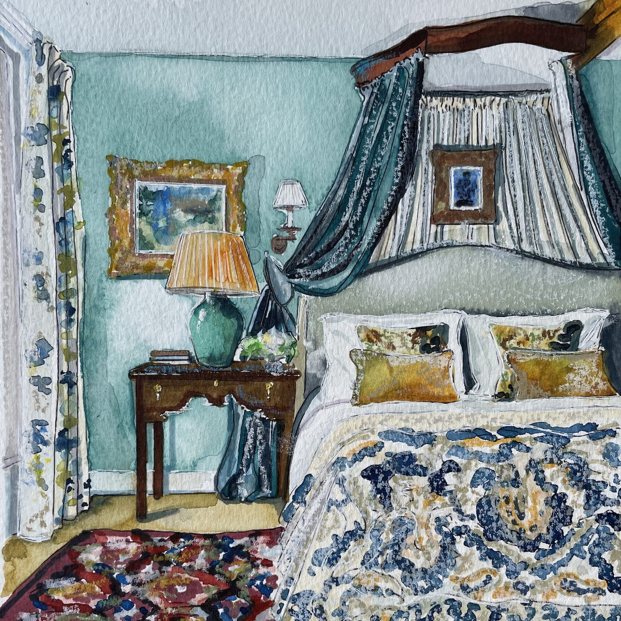 Watercolor painting of a bedroom with a canopy bed, side table, lamp, framed pictures, and patterned rug