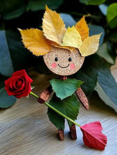 Handmade cork doll with yellow autumn leaf hair and green leaf dress holding a red rose