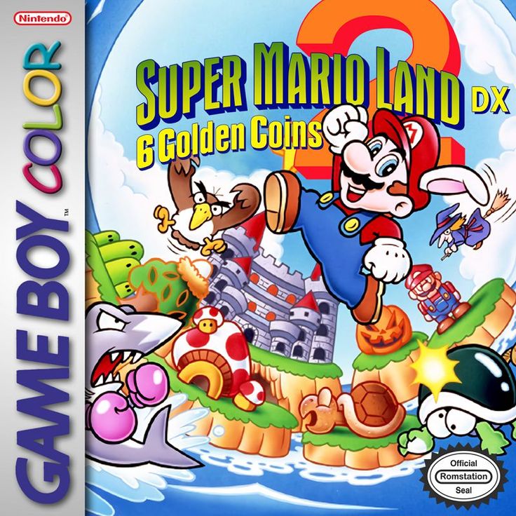 Super Mario Land 2: 6 Golden Coins Game Boy Color box art showing Mario jumping above a whimsical castle landscape