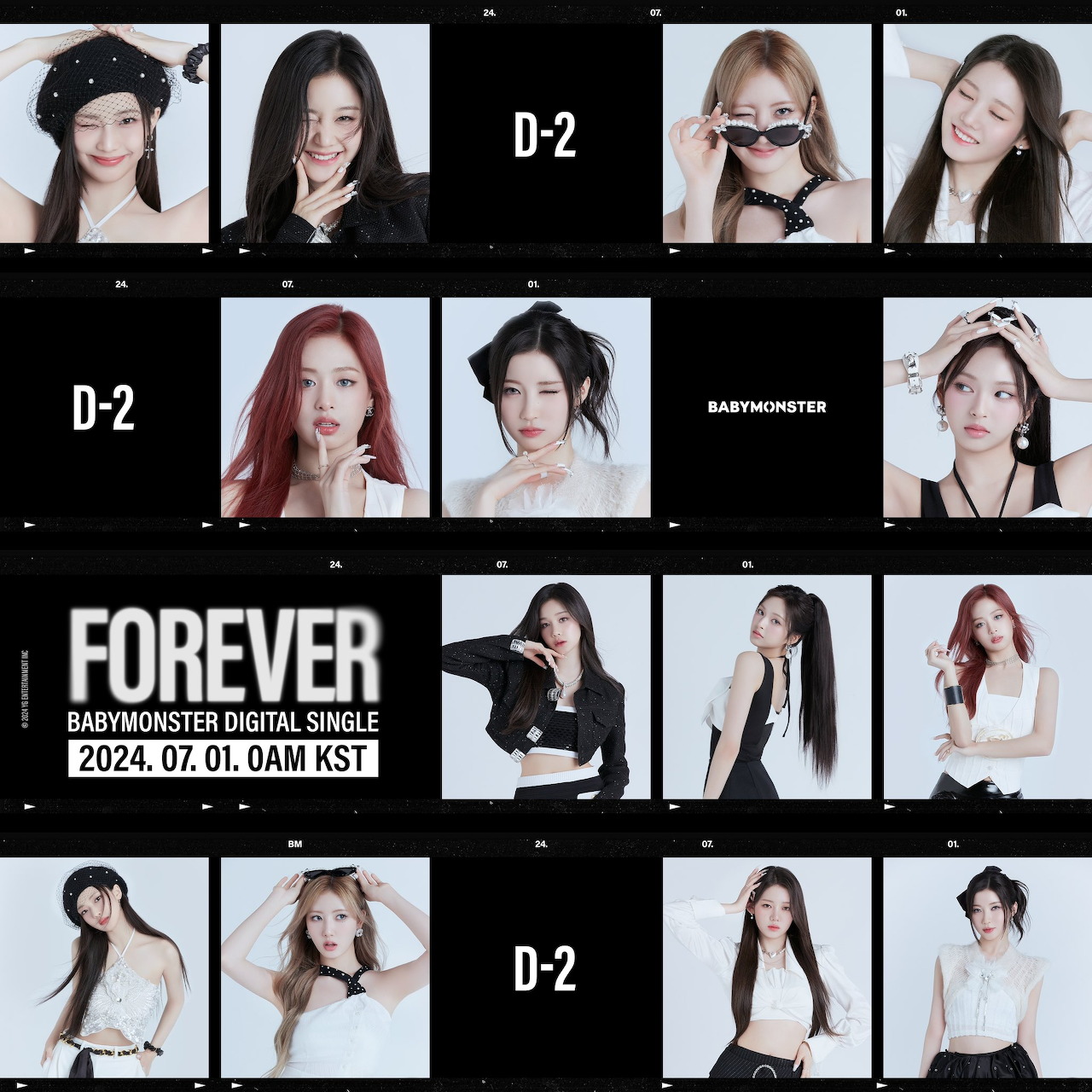 Promotional collage of young women in white outfits with black panels reading BABYMONSTER and D-2
