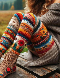 Close-up of colorful striped hand-knit socks with floral details worn outdoors in autumn landscape