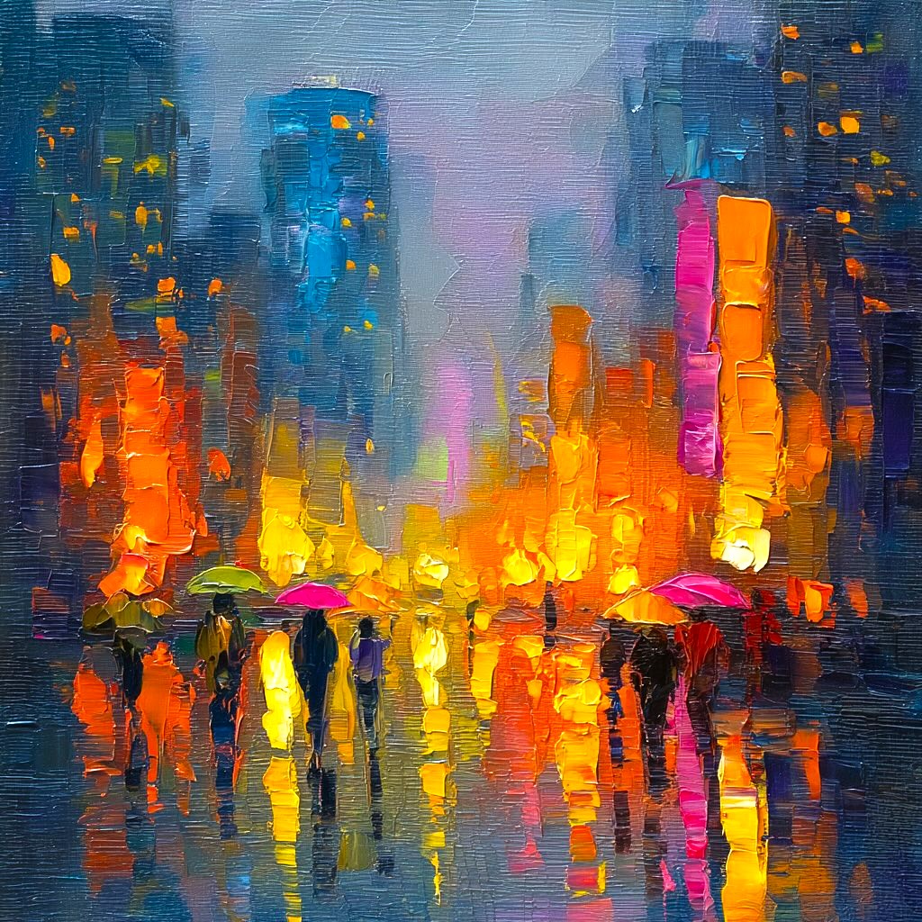 Colorful impressionist painting of rainy city street at night with glowing lights reflected on wet ground