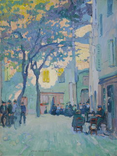 Impressionist painting of a sunlit European street with trees, outdoor cafes, and stroling figures